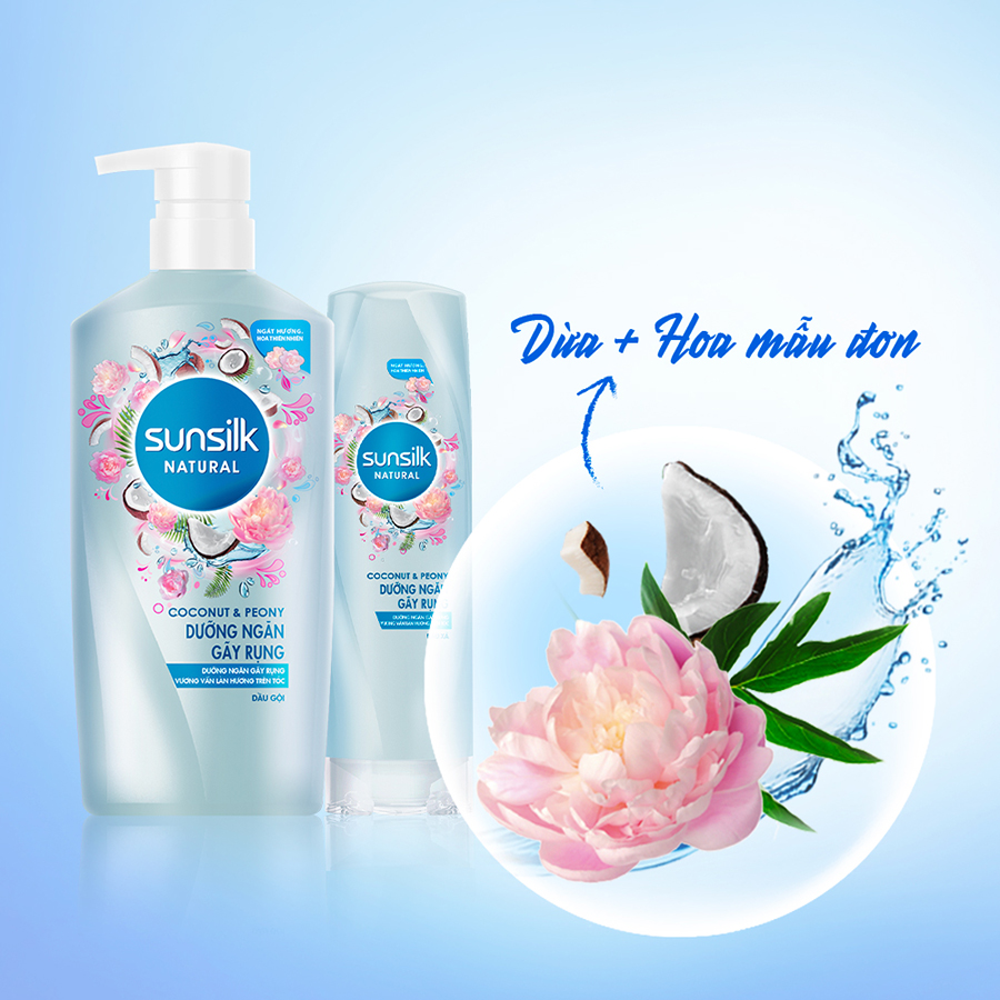 Dầu gội xả Sunsilk Dưỡng Ngăn Gãy Rụng 650gr, 320gr dành cho tóc gãy rụng với dưỡng chất thiên nhiên nước dừa &amp; hoa mẫu đơn