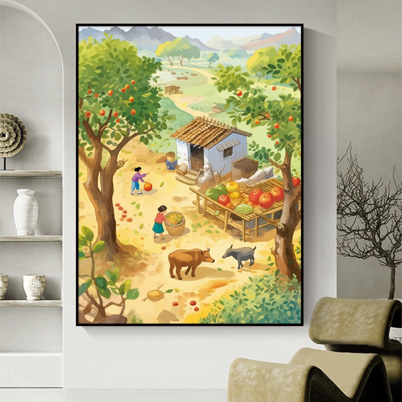 Tranh thêu kín Phong cảnh làng quê, kích thước 50 x 60 cm
