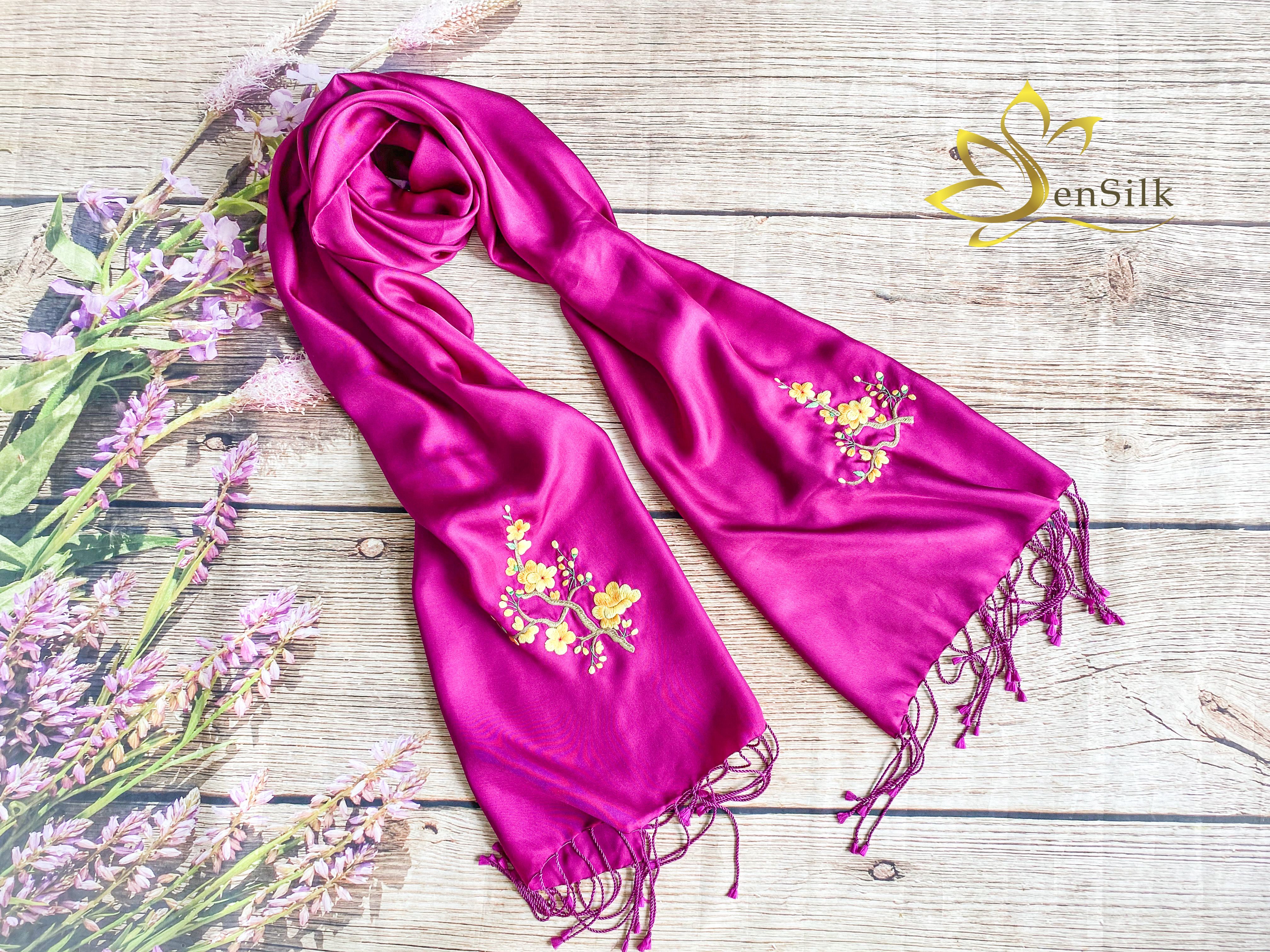 Khăn Lụa Thủ Công Thêu Tay Hoa Mai SenSilk 200x55cm, Quà Tặng May Mắn, Silk Embroidery Scarves