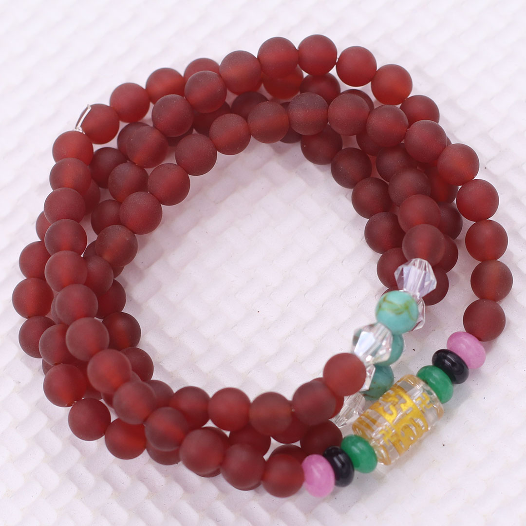 Bộ Vòng Chuỗi, Tràng Hạt 108 Hạt 6 Ly Đá Thạch Anh Đỏ Mờ Charm Lục Tự Chân Ngôn - Tràng Chuỗi Niệm Phật - An Yên - Thịnh Vượng - May Mắn - Tài Lộc