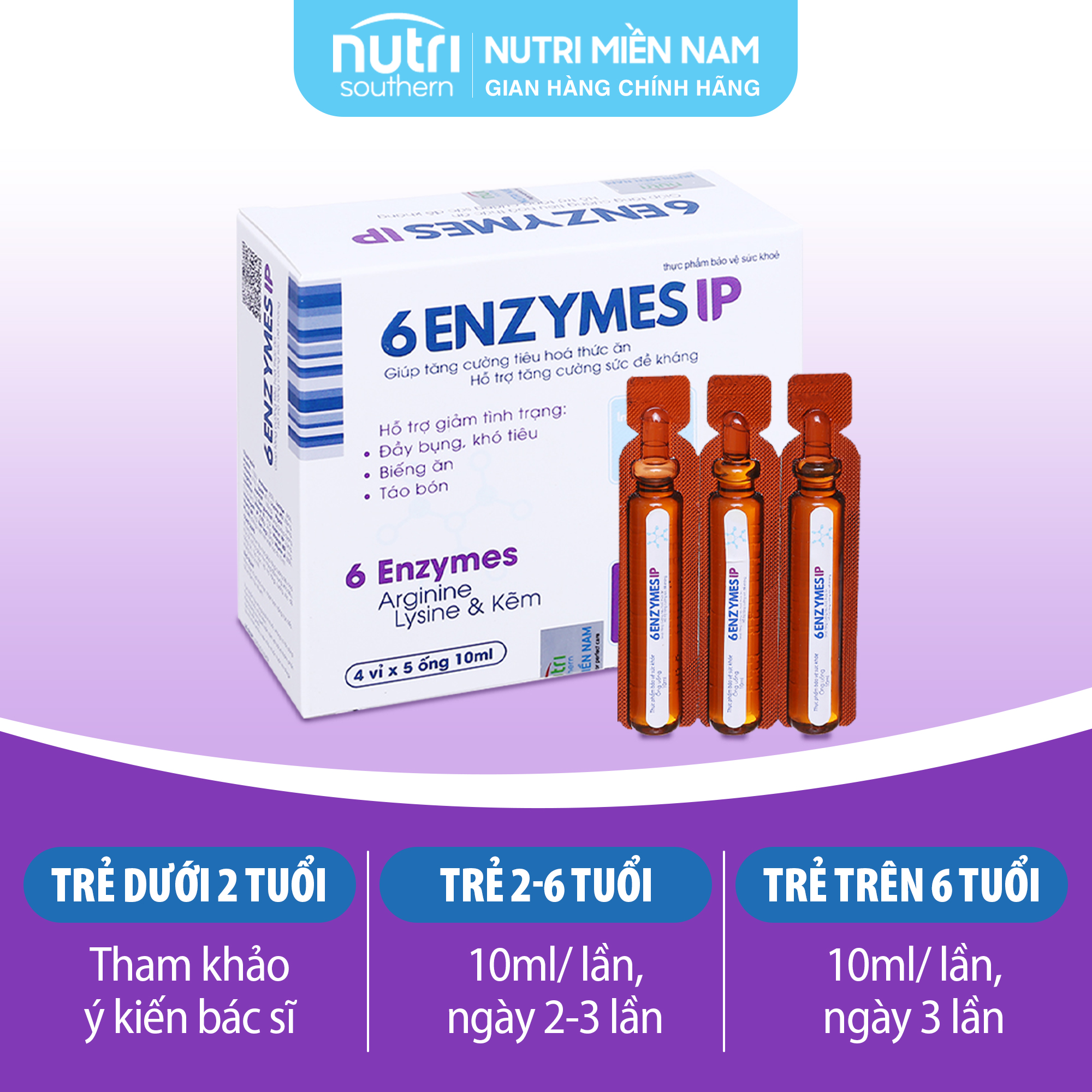 Men tiêu hóa 6 ENZYMES IP - Hỗ trợ tăng cường tiêu hóa với 6 loại enzyme thiết yếu, giúp ăn ngon, giảm táo bón (hộp 20 ống x 10ml)