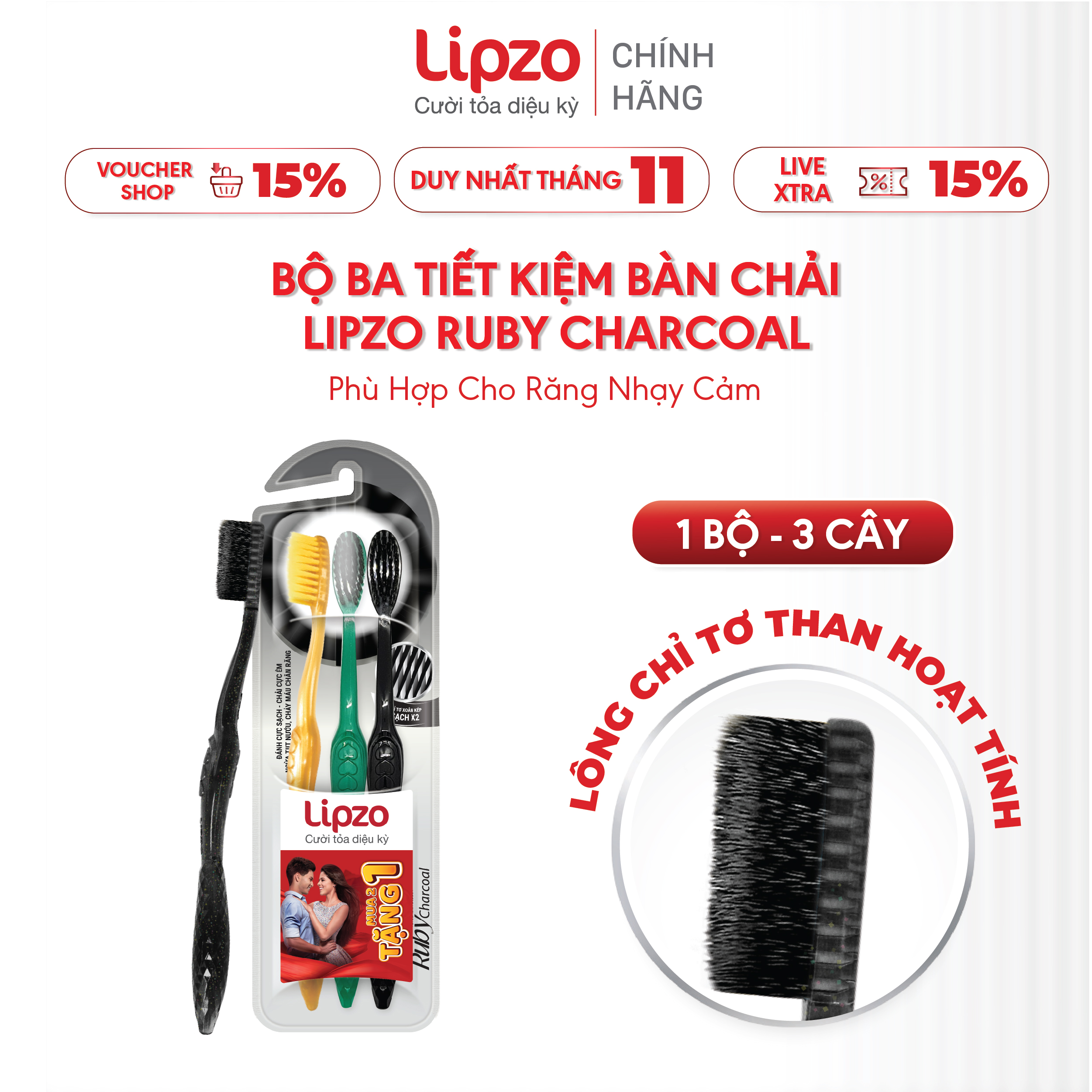 Bộ Ba Tiết Kiệm Bàn Chải Đánh Răng Lipzo Ruby Charcoal Cho Răng Nhạy Cảm Công Nghệ Chỉ Tơ Than Hoạt Tính Kháng Khuẩn