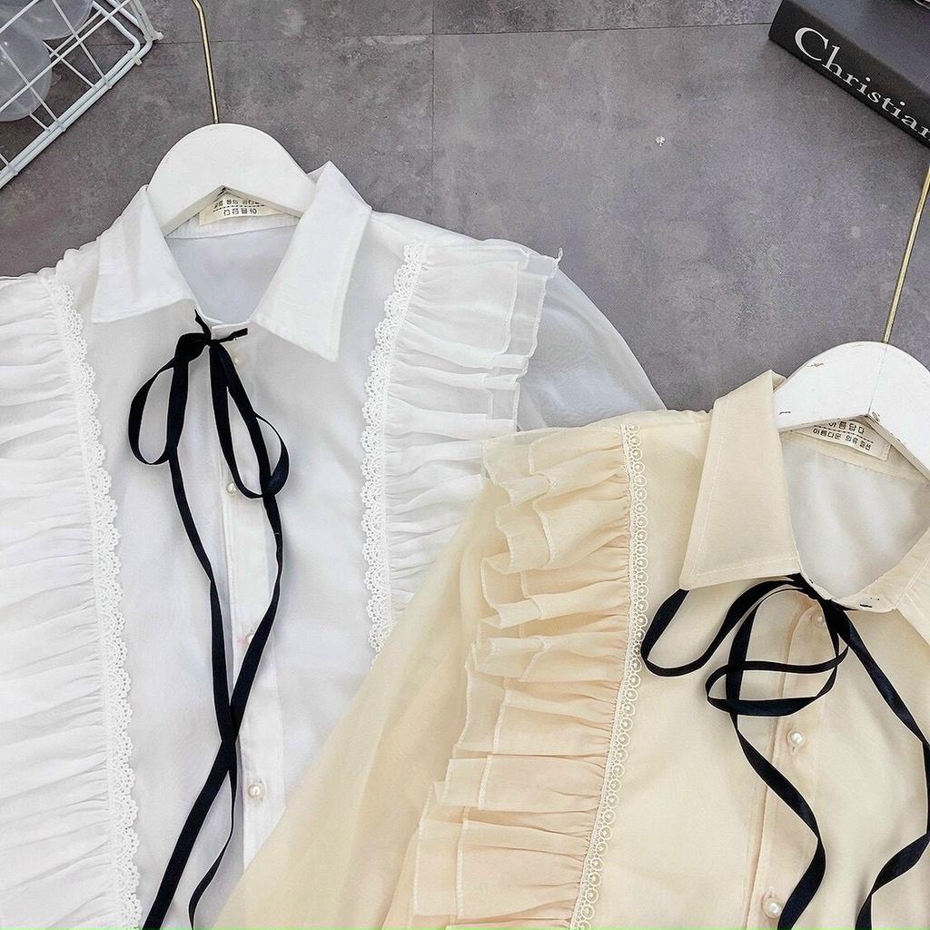 Áo sơ mi tơ cổ sen nơ tiểu thư