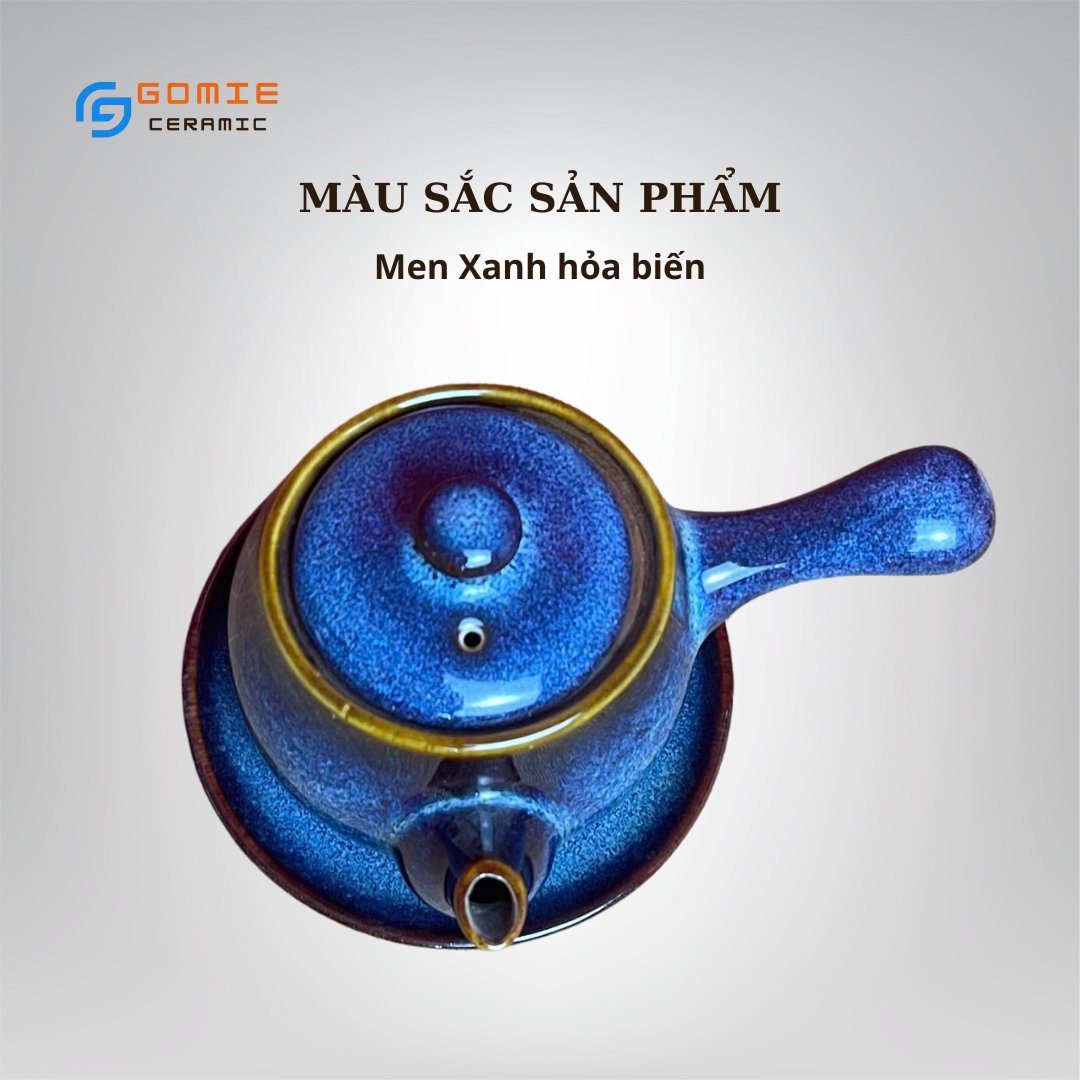 Ấm Trà Kiểu Nhật Men xanh hỏa biến - Ấm trà có tay cầm dài men hỏa biến - Gốm sứ cao cấp Bát Tràng