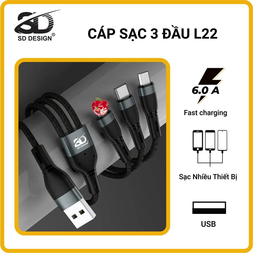 Cáp Sạc 3 Đầu L22 SD Đa Năng 3 in 1 Micro Type C Dây Bện Dù Siêu Bền Dùng nhiều dòng điện thoại