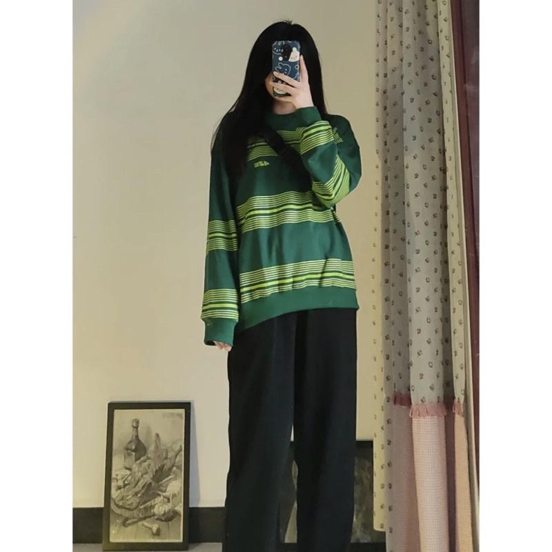 { Ảnh Thật } Áo Sweater unisex sọc kẻ xanh Vintage mẫu mới mặc đầu thu 2021