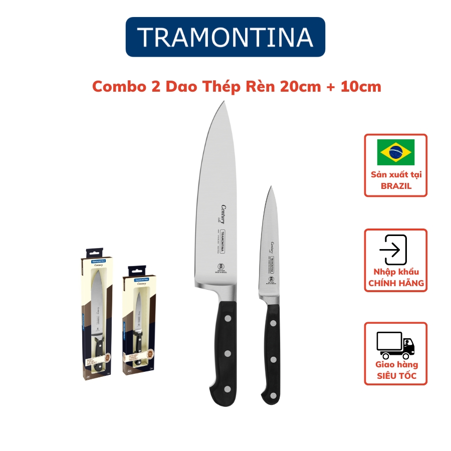 Combo 2 Dao Thép Rèn Nguyên Khối Cao Cấp Gồm 1 Dao Thái Thịt 20cm và 1 Dao Gọt Hoa Quả 10cm TRAMONTINA Century Sản Xuất Tại BRAZIL - Hàng Chính Hãng