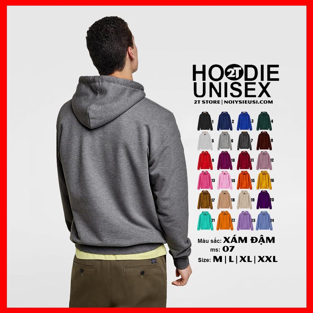 Áo hoodie unisex 2T Store H07 màu xám đậm - Áo khoác nỉ chui đầu nón 2 lớp dày dặn đẹp chất lượng