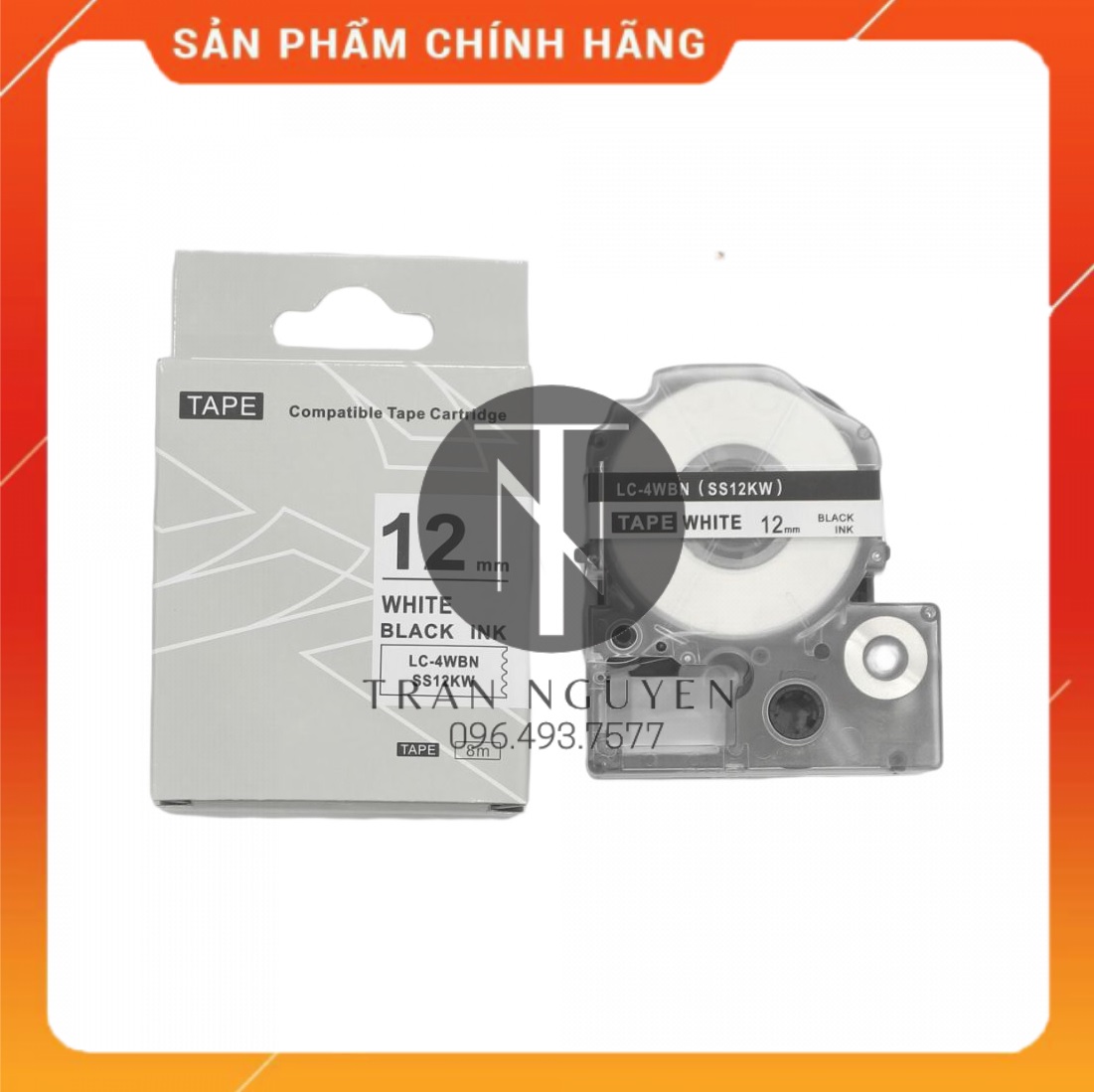 Nhãn in Tepra SS12KW - Chữ đen nền trắng 12mm x 8m - Hàng nhập khẩu
