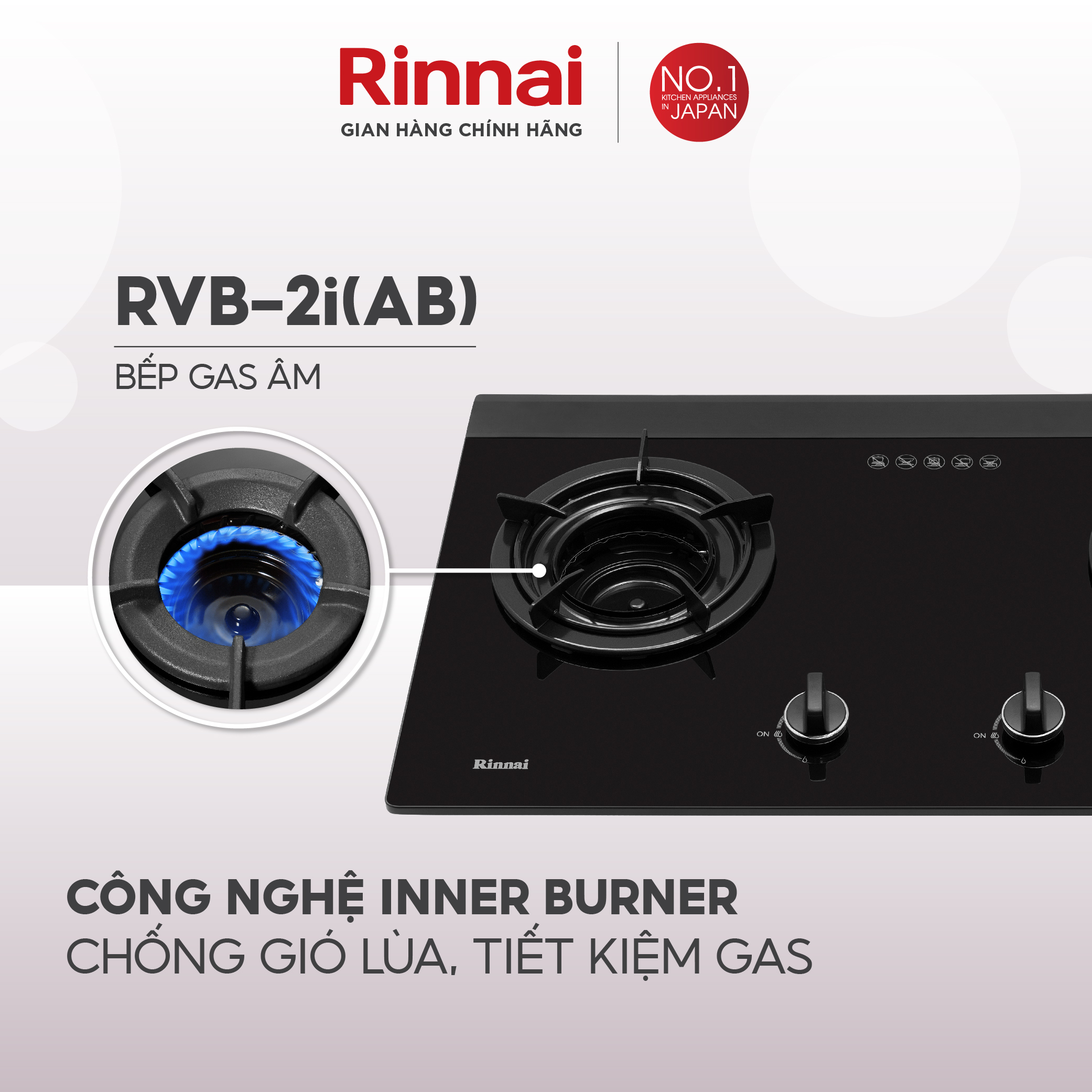 Bếp gas âm đầu đốt trong Rinnai RVB-2i mặt bếp kính và kiềng bếp men - Hàng chính hãng.