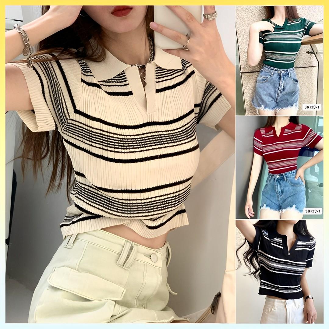 Áo len nữ Montoghi dệt kim KẺ NGANG 2 MÀU cổ đức thanh lịch và năng động