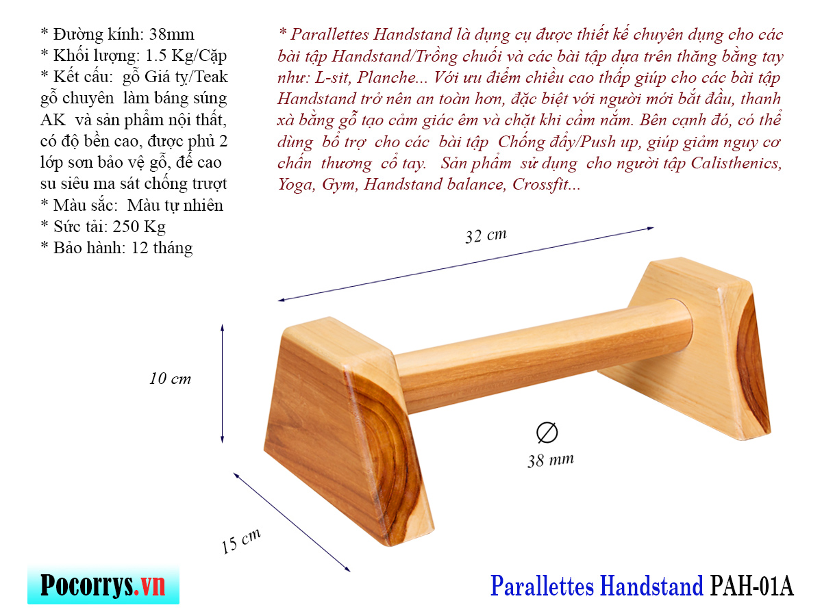 Dụng cụ chống đẩy, hít đất bằng gỗ, Parallettes gỗ hỗ trợ tập Handstand, Pocorrys PAH-01, Màu gỗ tự nhiên