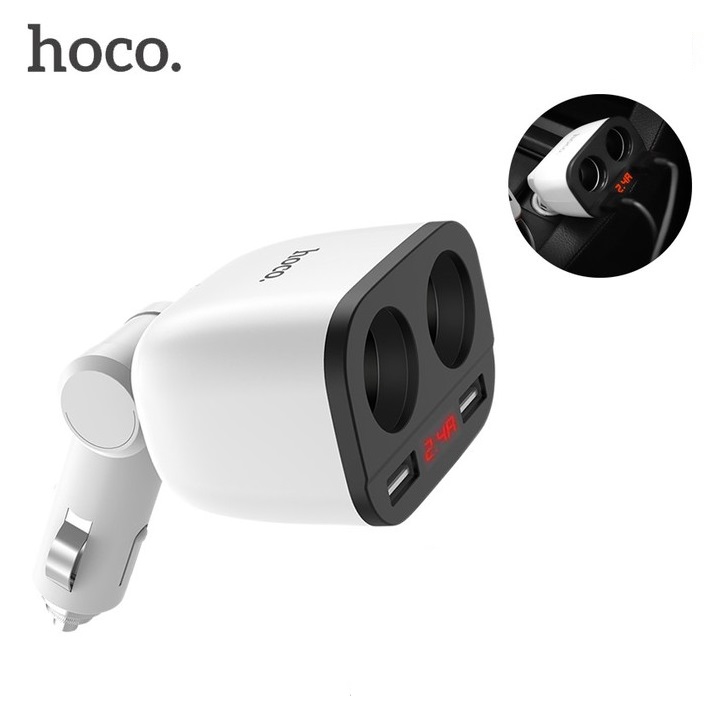 Bộ chia tẩu sạc dùng cho ô tô, xe hơi nhãn hiệu Hoco Z28 với 2 lỗ tẩu sạc kết hợp  2 cổng USB, Đầu vào: DC12 - 24V, Tổng đầu ra 2 cổng USB: DV5V/3.1A Max, Đầu ra 2 lỗ tẩu sạc: 80W Max