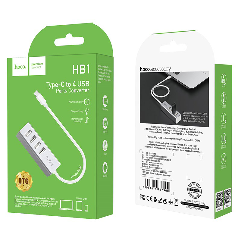 Bộ Chuyển Đổi Hoco HB1 Type-C sang 4 Cổng USB 2.0 - Hàng chính hãng - Ghi