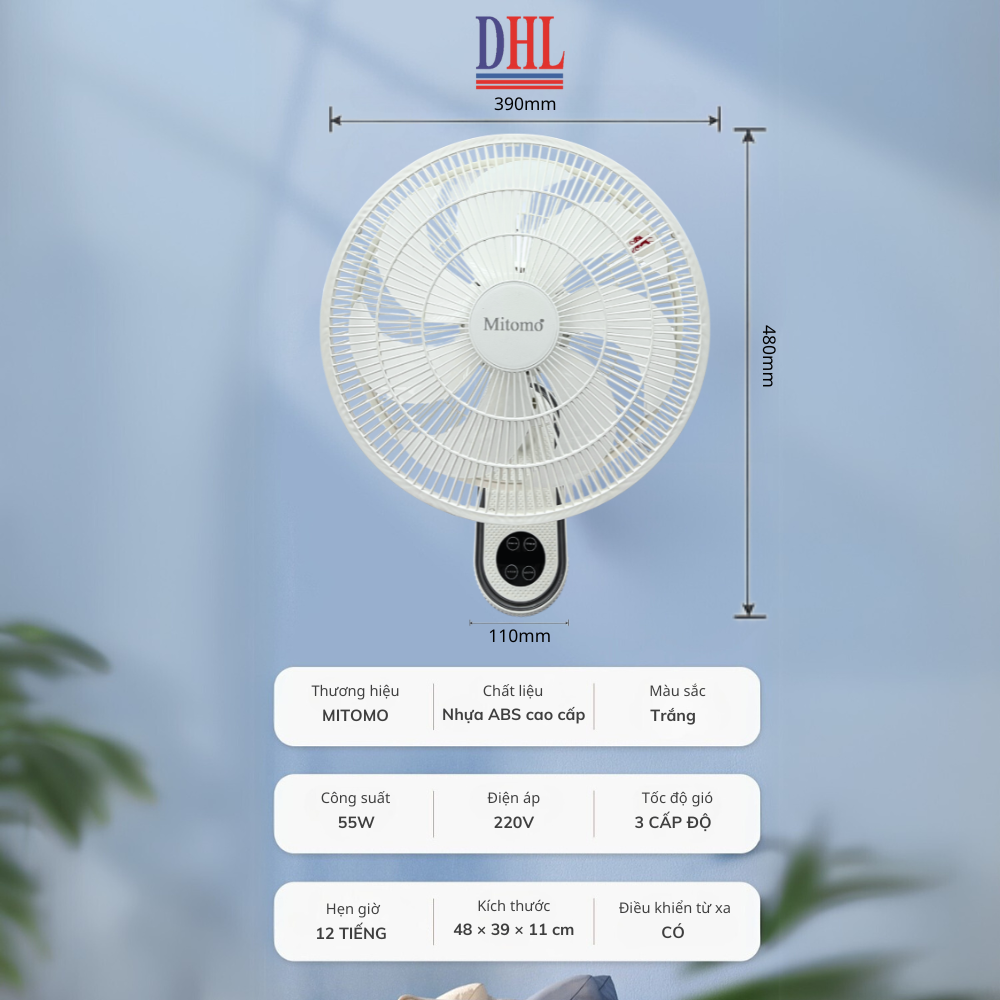 Quạt treo tường FTT-60AEC-D39W có remote, công suất 60W, hẹn giờ thông minh lên đến 12 tiếng - hàng chính hãng Bảo hành 2 năm