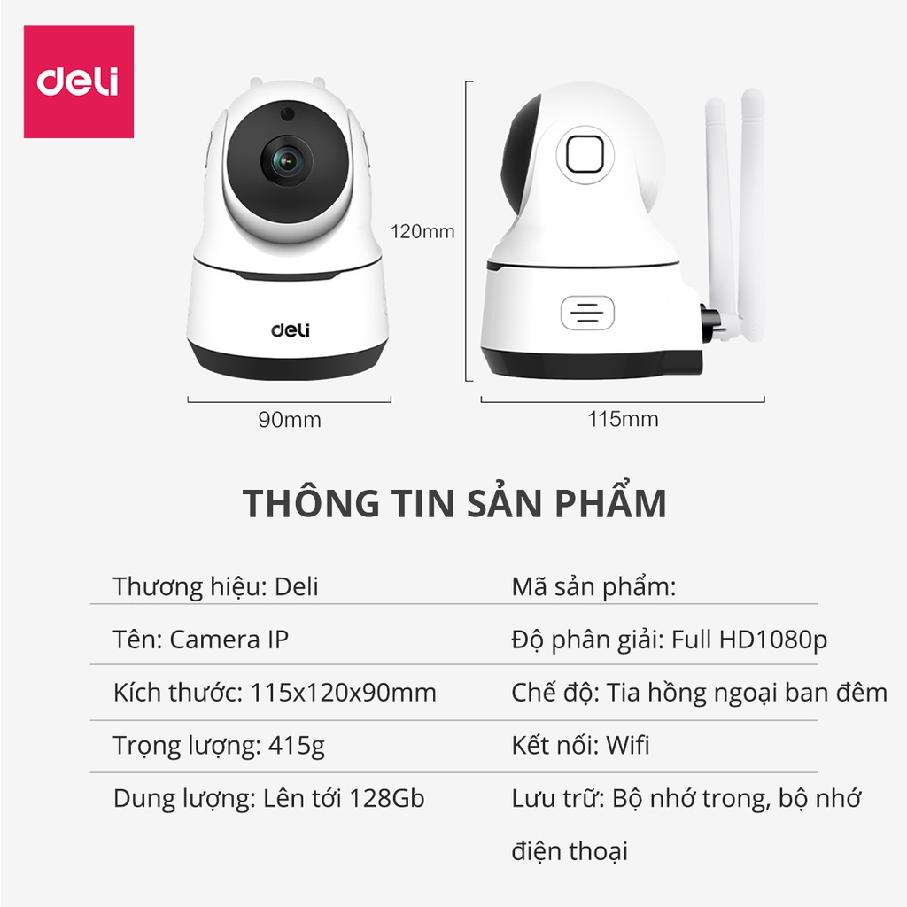 Camera IP Wifi Deli 360 Độ Full HD 1080P Đàm Thoại 2 Chiều Hồng Ngoại Đêm - An Ninh Gia Đình, Văn Phòng - Hàng Chính Hãng