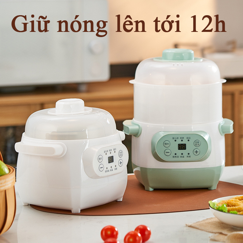 Nồi Nấu Cháo Chậm Chưng Yến Cho Bé 6 Chức Năng Dung Tích 1L Có Lồng Hấp Nồi Nấu Chậm Nấu Cháo Hầm Hấp Chưng Yến Cách Thủy Lõi Sứ Trắng Tỏa Nhiệt Đều Hẹn Giờ 12h Tiện Lợi