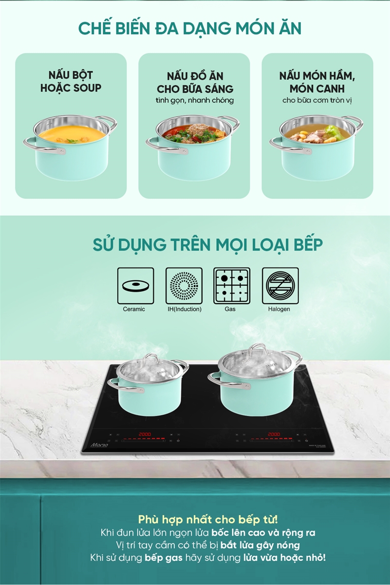 Bộ nồi inox 304 đa lớp liền đáy cao cấp Sunhouse mama SHG702, size 16 20cm, sơn xanh lớp ngoài