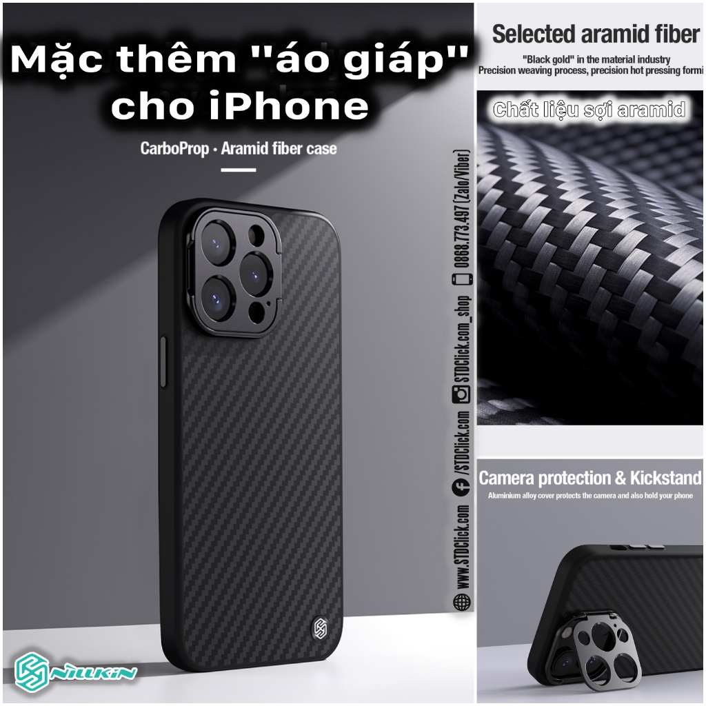 ỐP LƯNG DÀNH CHO ĐIỆN THOẠI IPHONE 14 PRO MAX - 14 PRO NILLKIN CARBOPROP - HỔ TRỢ SẠC TỪ TÍNH KÈM KHUNG BẢO VỆ CAMERA KIÊM GIÁ ĐỠ
