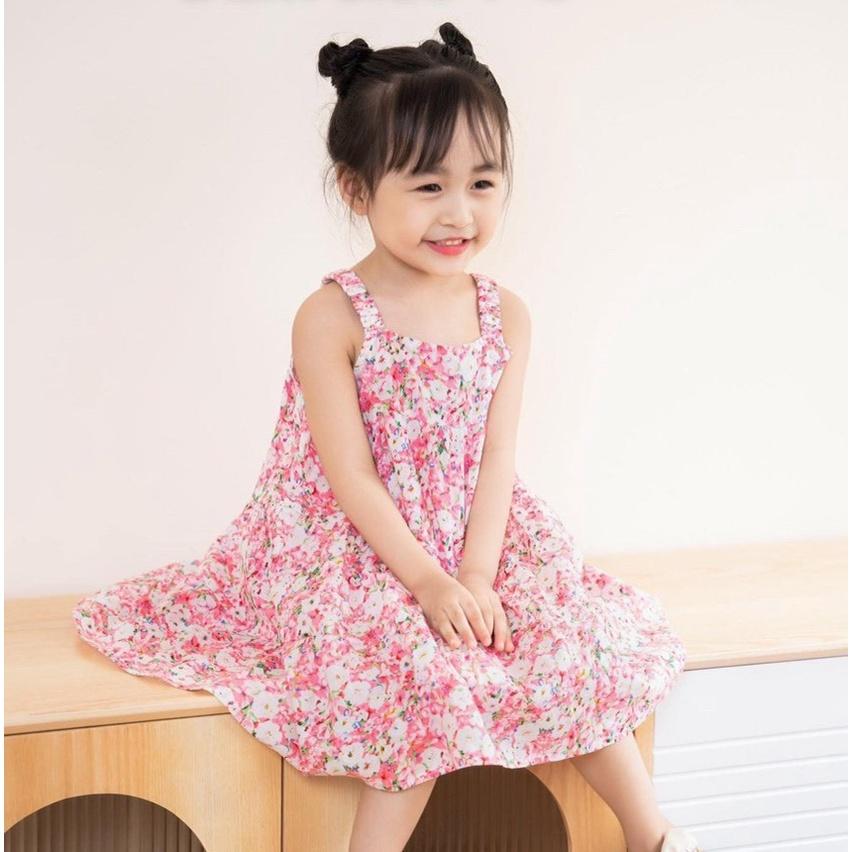 Đầm váy cotton xuất 2 dây bảng to và 2 dây cánh tiên nơ to trước ngực cho bé gái