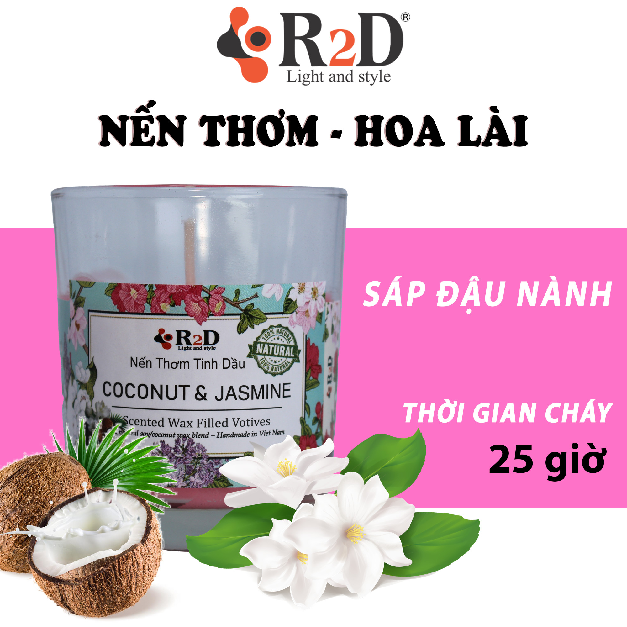 Nến Thơm, Tinh Dầu Coconut-Jasmine, Nến Thơm Thư Giãn , Chính Hãng Từ Thương Hiệu R2D, Thành Phần Tự Nhiên, Lành Tính.