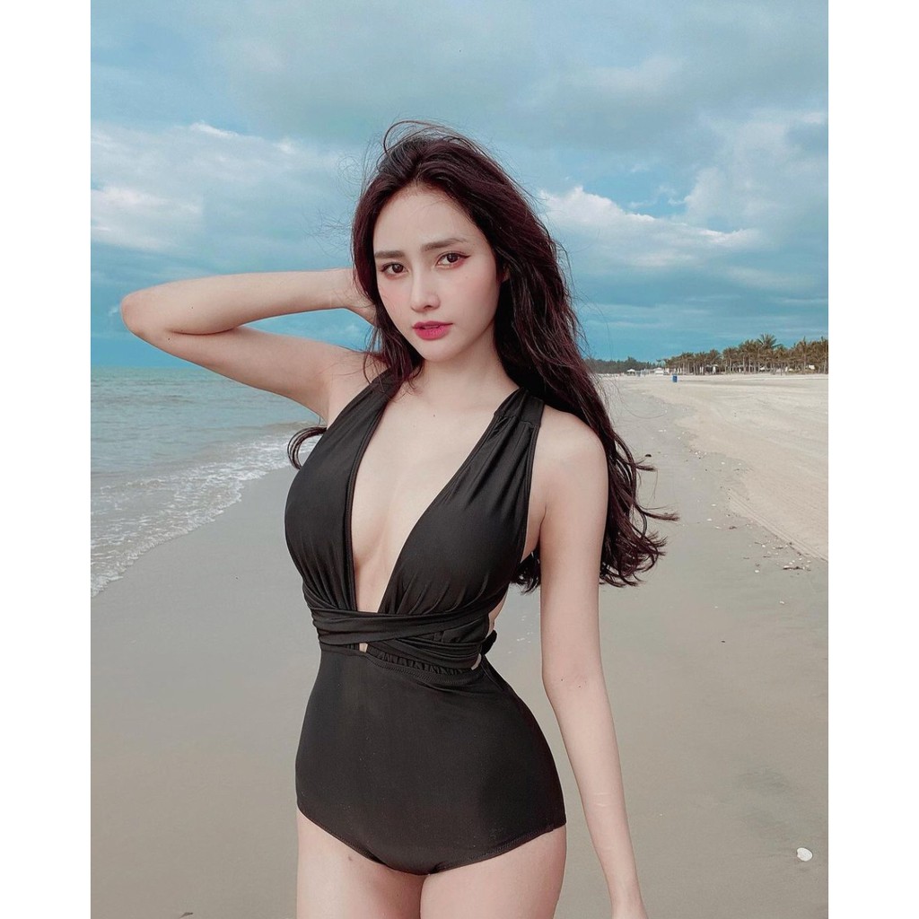 đồ bơi nữ Bikini nữ 1 mảnh sexy liền thân xẻ ngực dây dài thun lạnh co dã 4 chiều đi bển đi bơi  LM008