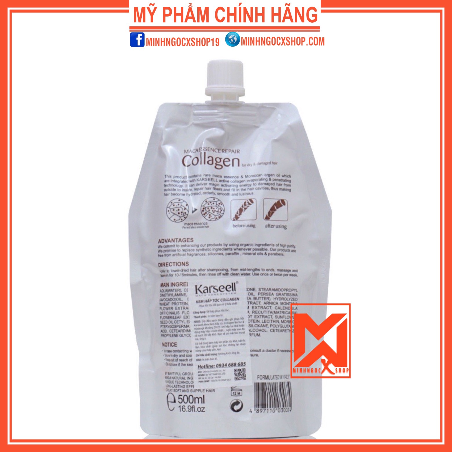 Kem ủ tóc phục hồi siêu mượt Collagen KARSEELL dạng túi 500ml