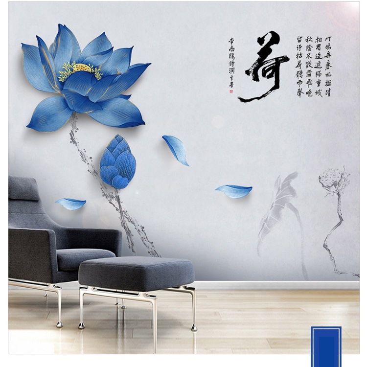 Decal dán tường tranh thủy mặc Hoa Sen xanh sang trọng trang trí phòng khách DH113