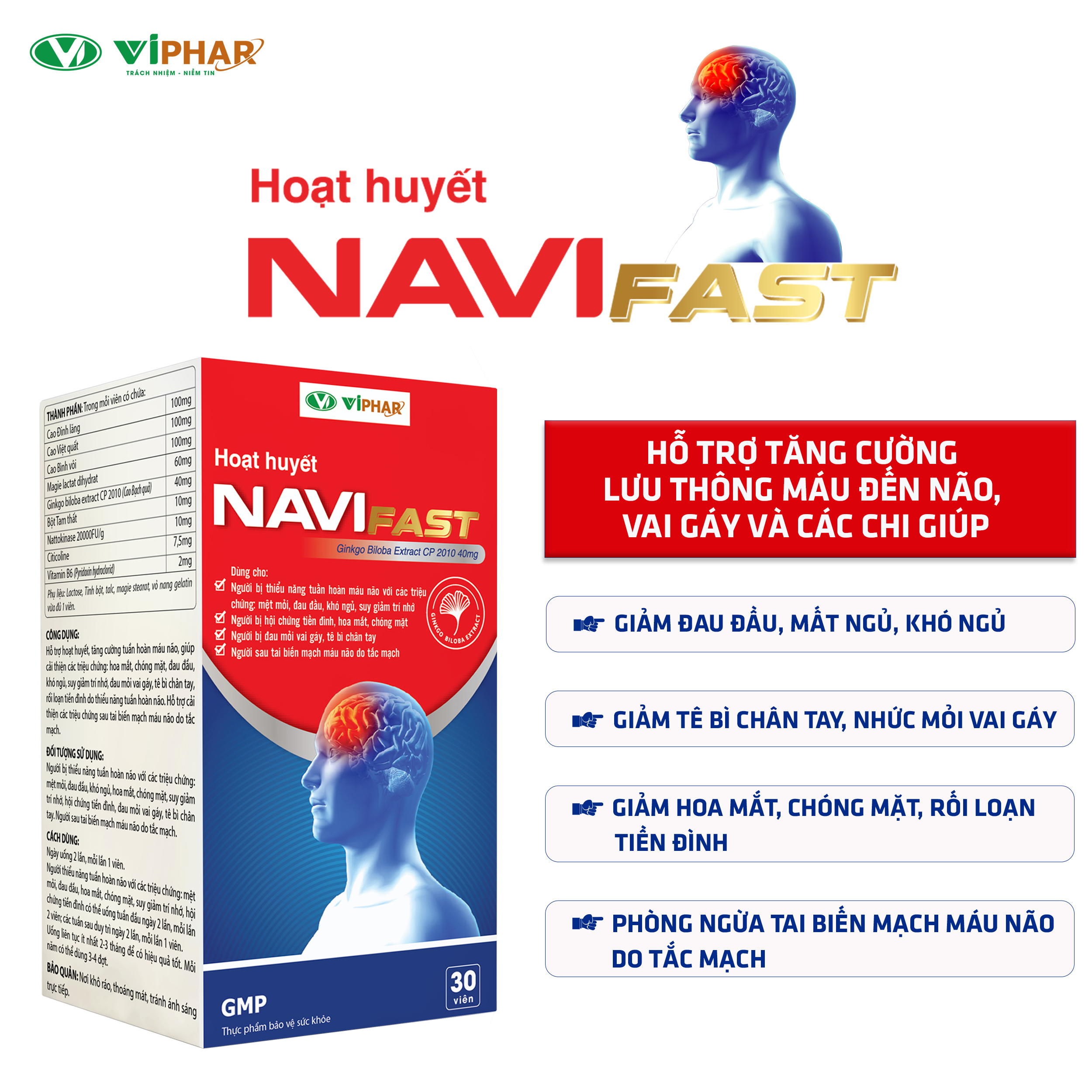 Viên Uống Giúp Bổ Não, Ngủ Ngon, Tăng Cường Trí Nhớ, Giảm Đau Đầu, Hoa Mắt, Chóng Mặt, Rối Loạn Tiền Đình, Đau Mỏi Vai Gáy NAVI FAST VIPHAR Hộp 30 Viên