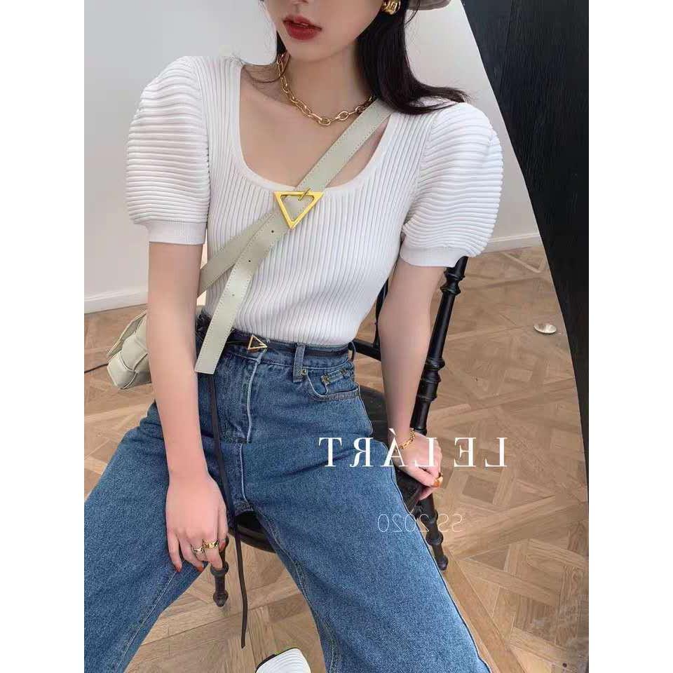 Áo croptop dệt kim cổ chữ U phối tay phồng thời trang cho nữ