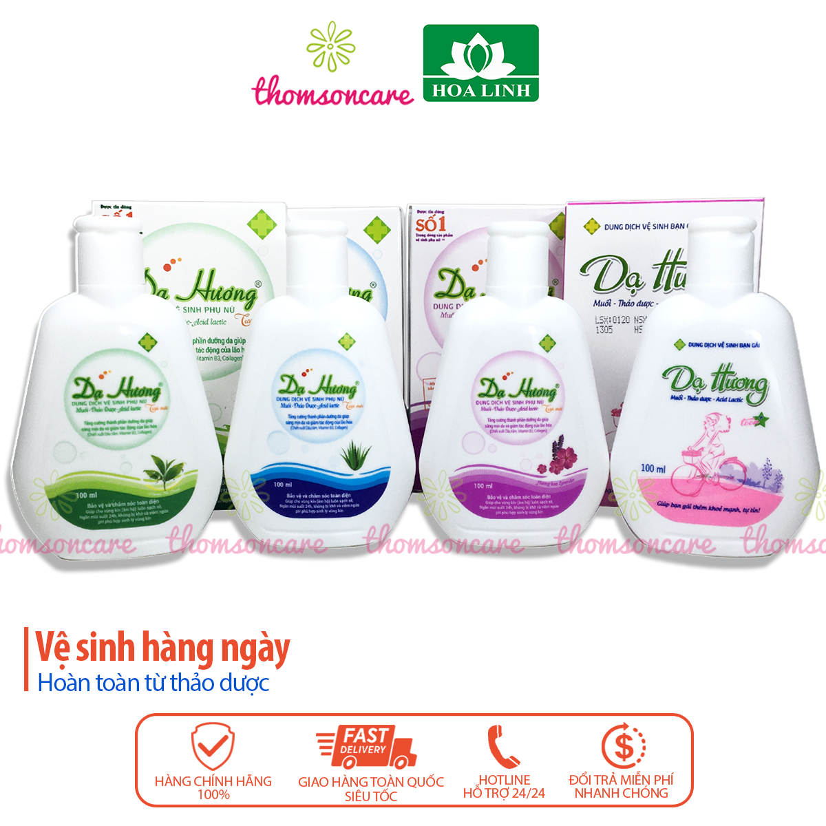 Dung dịch vệ sinh phụ nữ Dạ hương - Chai 100ml của Hoa Linh - Nước rửa phụ khoa, vùng kín hoàn toàn từ thảo dược