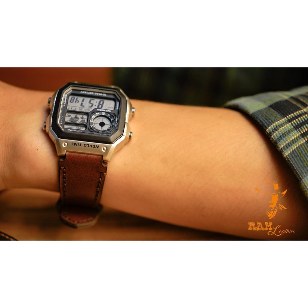 Dây đồng hồ da bò cho Casio AE1200 WHD và Seiko 5 37mm - Da bò nâu đỏ cực chất