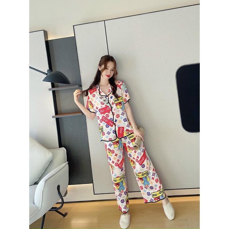 BỘ LỤA CỘC TAY QUẦN DÀI HOẠ TIẾT VIỀN ĐEN XINH