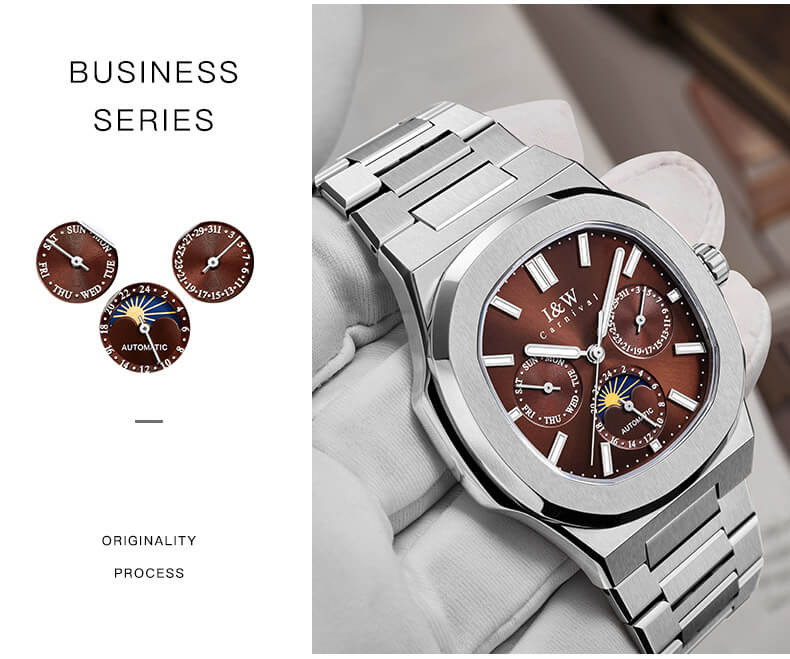 Đồng hồ nam chính hãng I&W CARNIVAL 55886G-4 mặt nâu size mặt 42mm,kính sapphire ,chống nước 50m,dây thép không gỉ