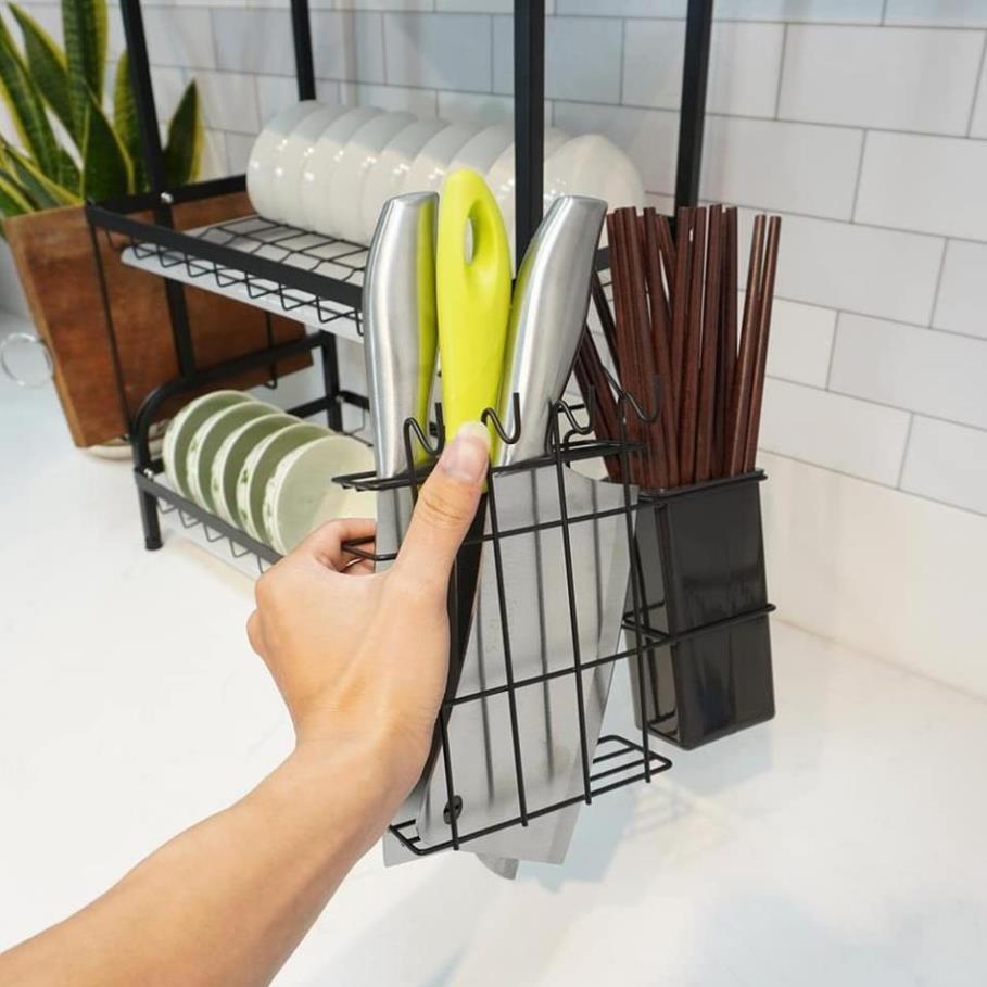Giá để bát đĩa 2 tầng sinh viên, kệ chạn úp chén, kèm ống đũa đa năng và 2 khay hứng nước