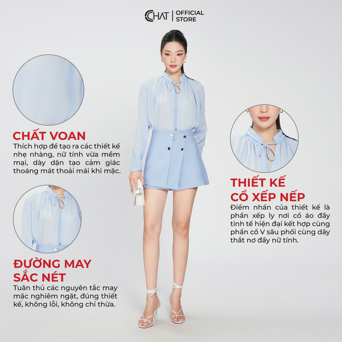 Áo Kiểu Nữ CCHAT Cổ Trụ V Dáng Suông Babydoll Chất Voan Cao Cấp Mềm Nhẹ 53ADV8002ST