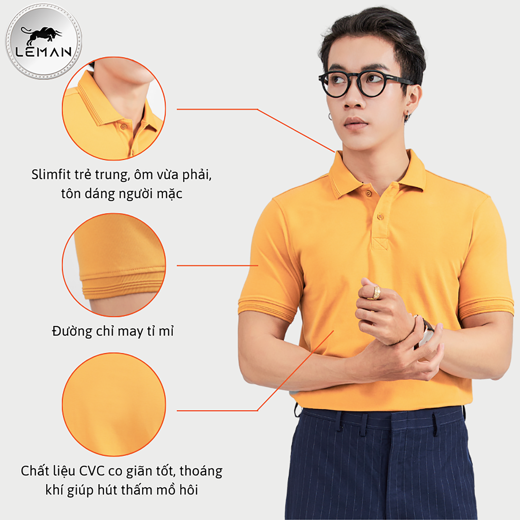 Áo thun polo nam Leman PL061 vải CVC Premium Pique Phom Slimfit tôn dáng