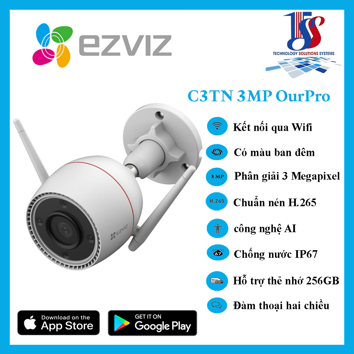 Camera WiFi ngoài trời 3MP EZVIZ C3TN OutPro 3.0 Megapixel, đàm thoại, fullcolor màu ban đêm - Hàng chính hãng bảo hành 24 tháng