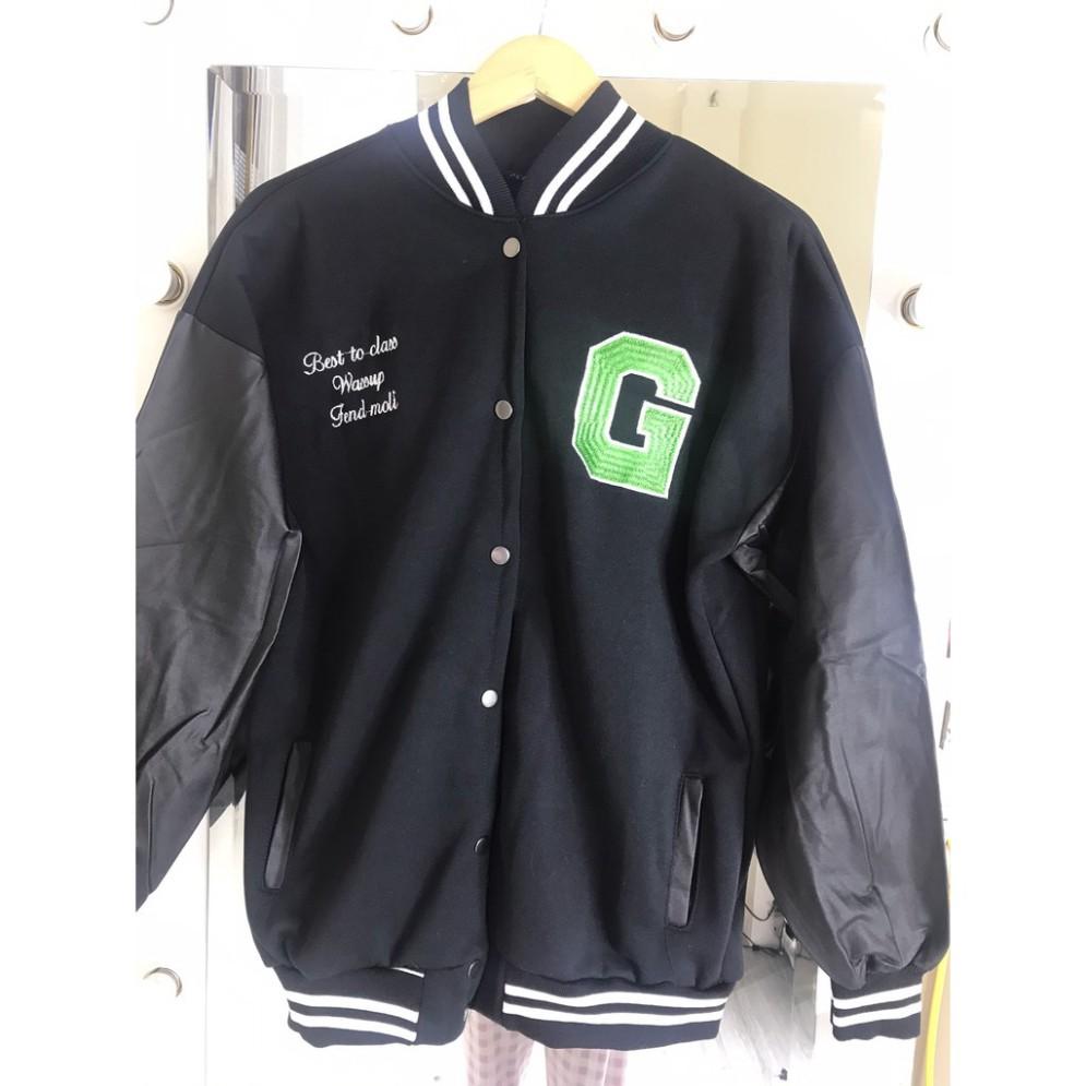 Áo khoác thu đông nam nữ kiểu bomber phối tay da chữ G cúc bấm trẻ trung cá tính/ Áo nỉ dáng rộng ulzzang siêu hàn quốc