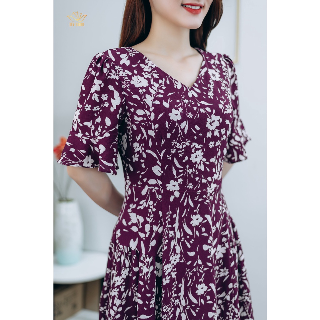 Đầm xòe thiết kế trung niên sang trọng Cổ tim tay chuông màu Tím hoa trắng TTV STORE TTV1257