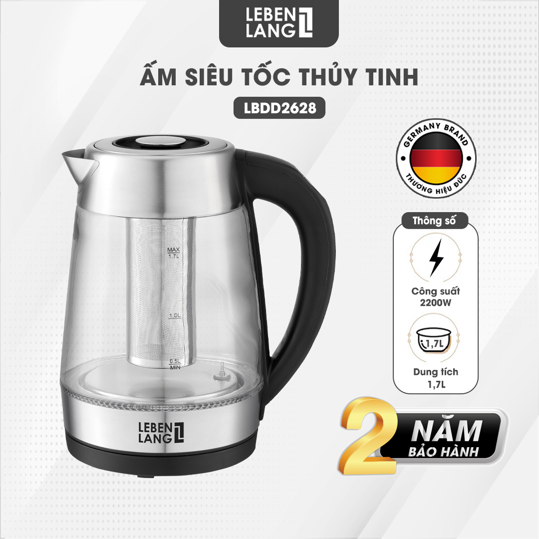 Ấm siêu tốc LEBENLANG LBDD2628 bằng thủy tinh, dung tích 1.7 lít, điều khiển nhiệt độ tùy ý, lõi lọc trà có thể tháo rời - hàng chính hãng