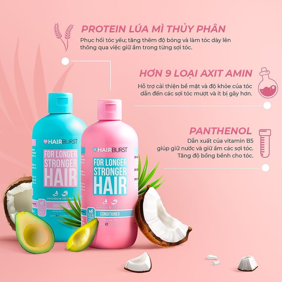 Combo Gội Xả HAIRBURST Kích Thích Mọc Tóc For Longer Stronger Hair 350ml/Chai+ Tặng Kèm Túi Đựng Mỹ Phẩm