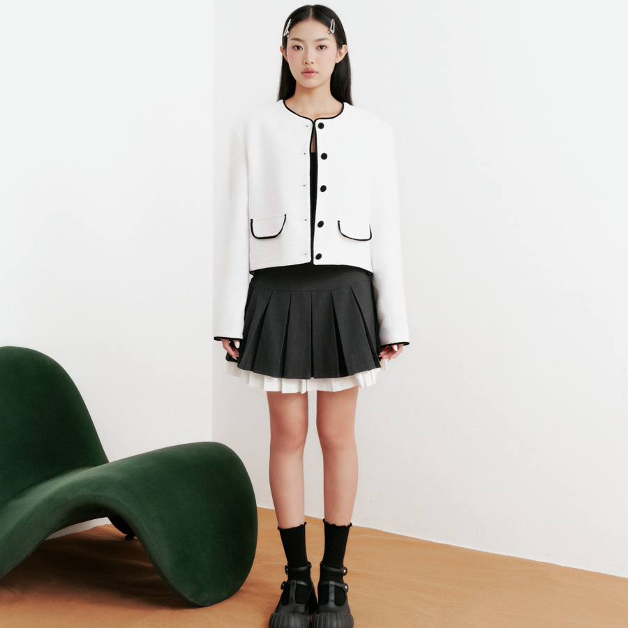 DOTTIE - Áo khoác vải tweed phối viền - Trắng - T0845