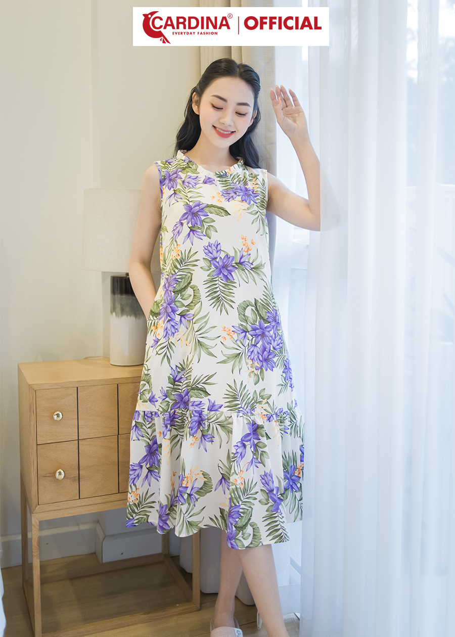 Đầm Nữ CARDINA Sát Nách Chất Lụa Mango Cao Cấp Kiểu Dáng Suông Cổ Bèo Họa Tiết Trẻ Trung 3VM02