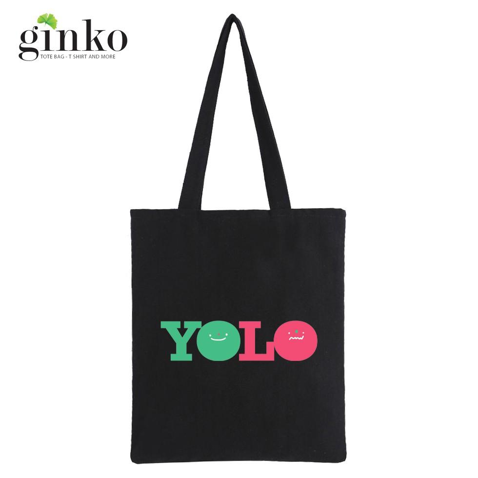 Túi Tote Vải Canvas Ginko kiểu basic có dây kéo khóa miệng túi( có túi con bên trong) đựng vừa laptop 14 inch và nhiều đồ dùng khác Phong Cách ulzzang Hàn Quốc In Hình Yolo B44