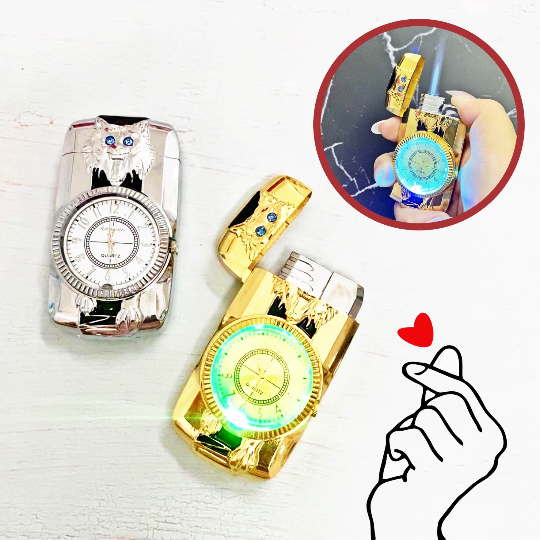 Bật lửa hột quẹt khè đồng hồ 2IN1 hình chó sói có đèn Led nhấp nháy - xài ga
