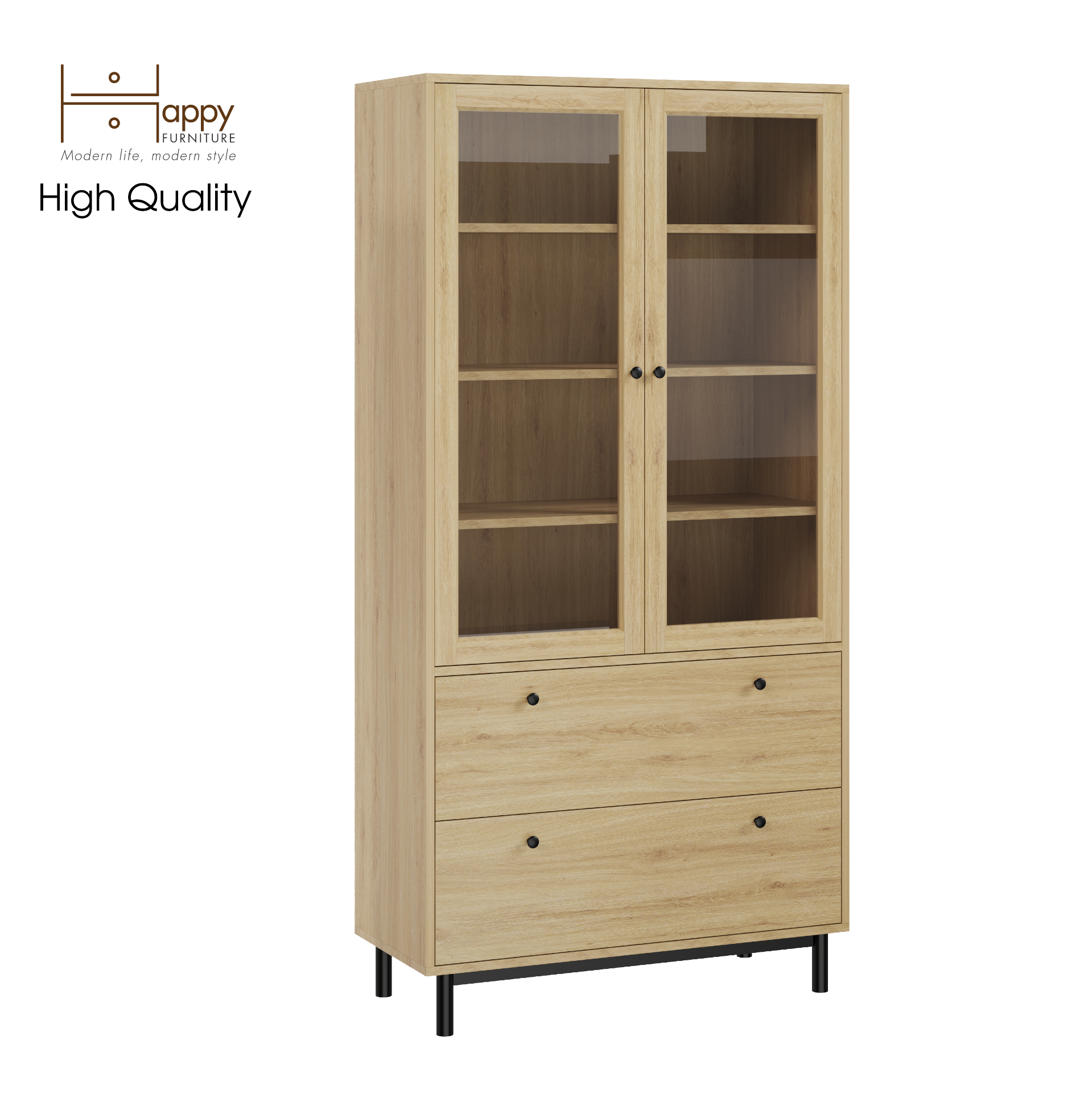 [Happy Home Furniture] CATY , Kệ sách 6 tầng cửa kính 2 ngăn kéo - chân sắt ,  90cm x 39cm x 180cm (DxRxC), KSA_019