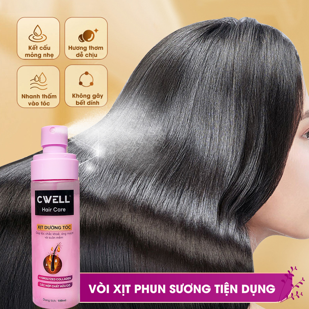 Xịt dưỡng tóc Collagen, phục hồi sâu tóc hư tổn do uốn duỗi nhuộm, dưỡng tóc mượt suôn mềm CWELL 100ml - Hàng chính hãng