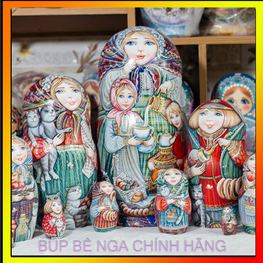 BỘ BÚP BÊ NGA 10 LỚP 35CM CAO CẤP VẼ HOA VĂN "CÔ BÉ MỜI TRÀ" CỰC ĐẸP VÀ ĐỘC ĐÁO, PHONG CÁCH