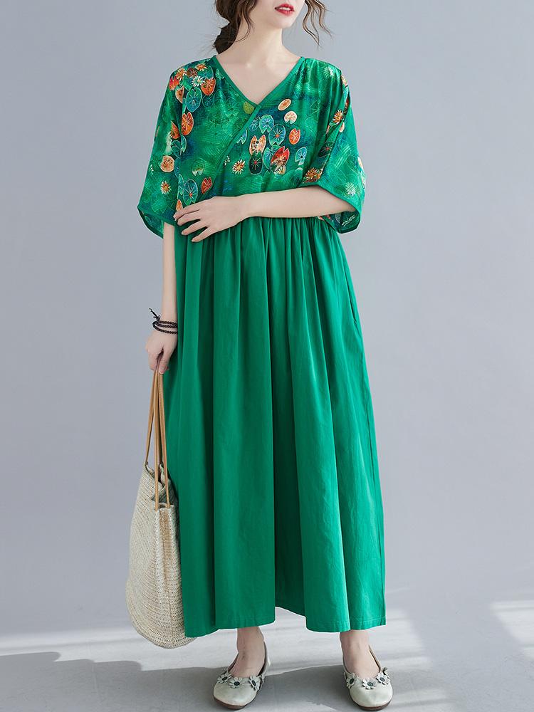 Vintage Women Cotton Linen Dress Print Splicing V Neck Wrapover Short Sleeve Pocket Casual Loose Oversized Maxi Dress